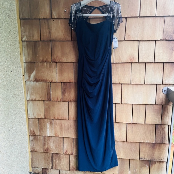 Betsy & Adam Square Neck Short Beaded Sleeve Open Back Gown Navy Dress Size 6 - Picture 6 of 15